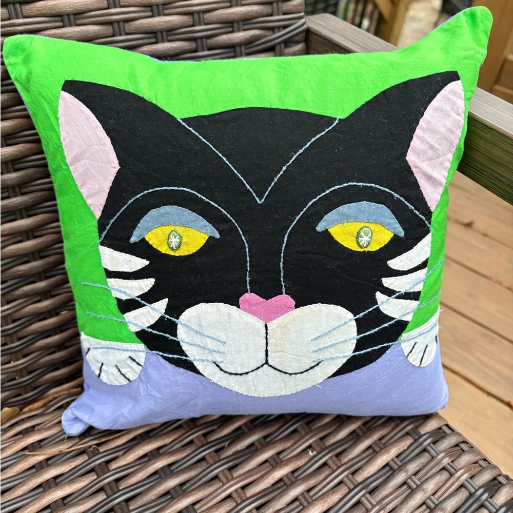 Cool Cat Folk art Cat Face Pillow with Green and Purple Accents Pop Art